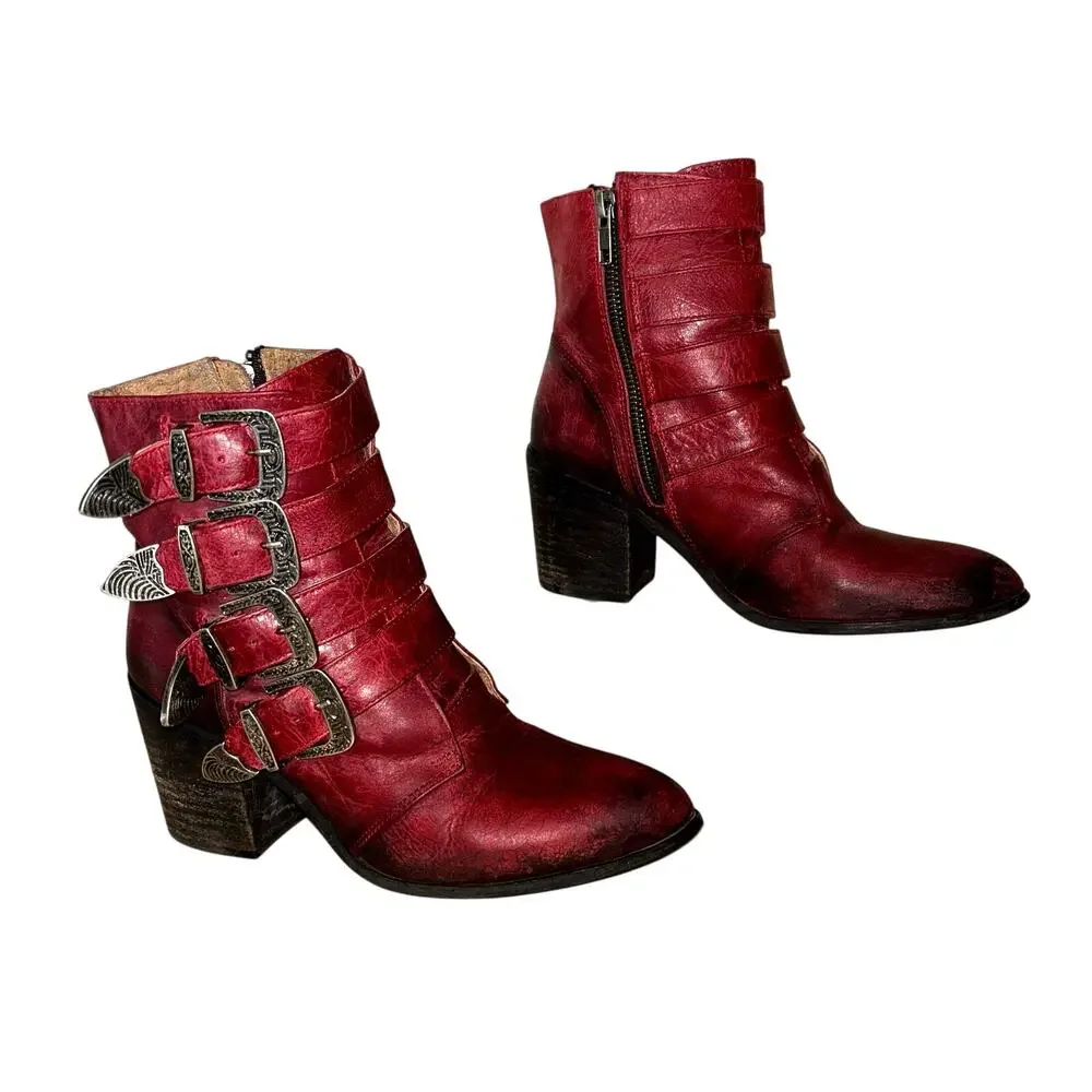 Circle G Women’s 7 Red Leather Ankle Boots Western Buckle Booties Made In Mexico - Picture 2 of 9